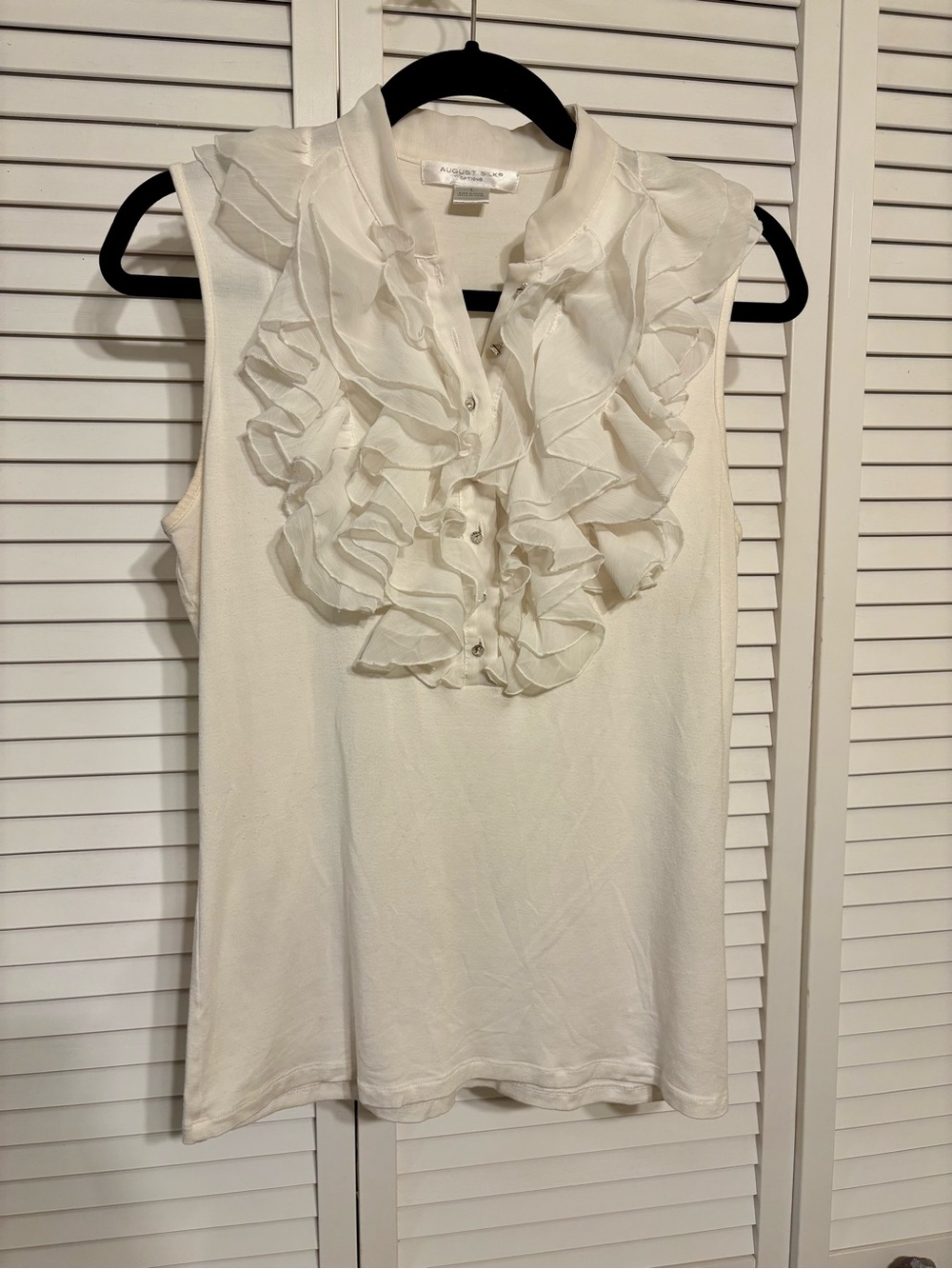 August Silk White Sleeveless Ruffle Front Camisole with Rhinestone Buttons